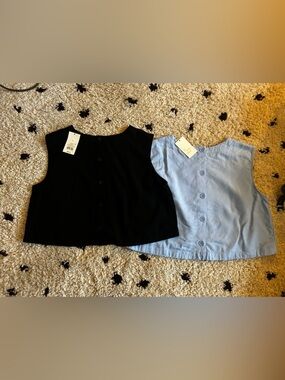 NWT Pair of Crop Tops with Back Buttons— Light Blue & Black - Linen & Rayon